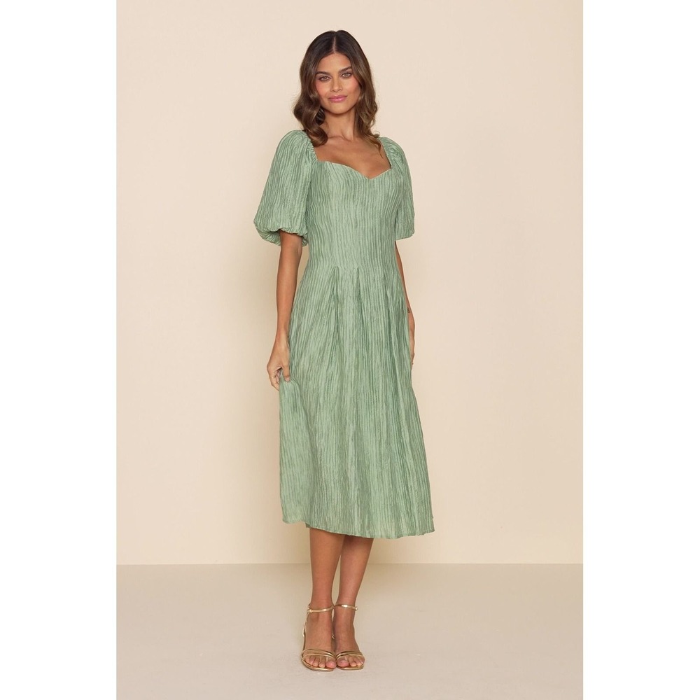 Lulus NWT Heavenly Energy Sage Textured Puff Sleeve Pleated Midi Dress - XS